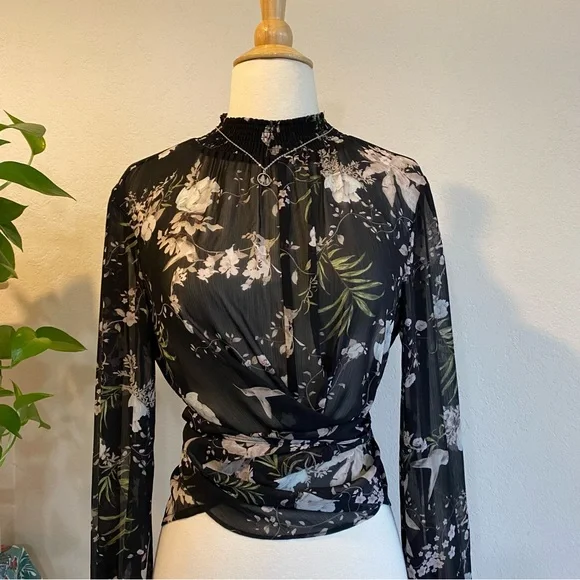 Sheer black floral high neck tie waist blouse - Picture 8 of 15